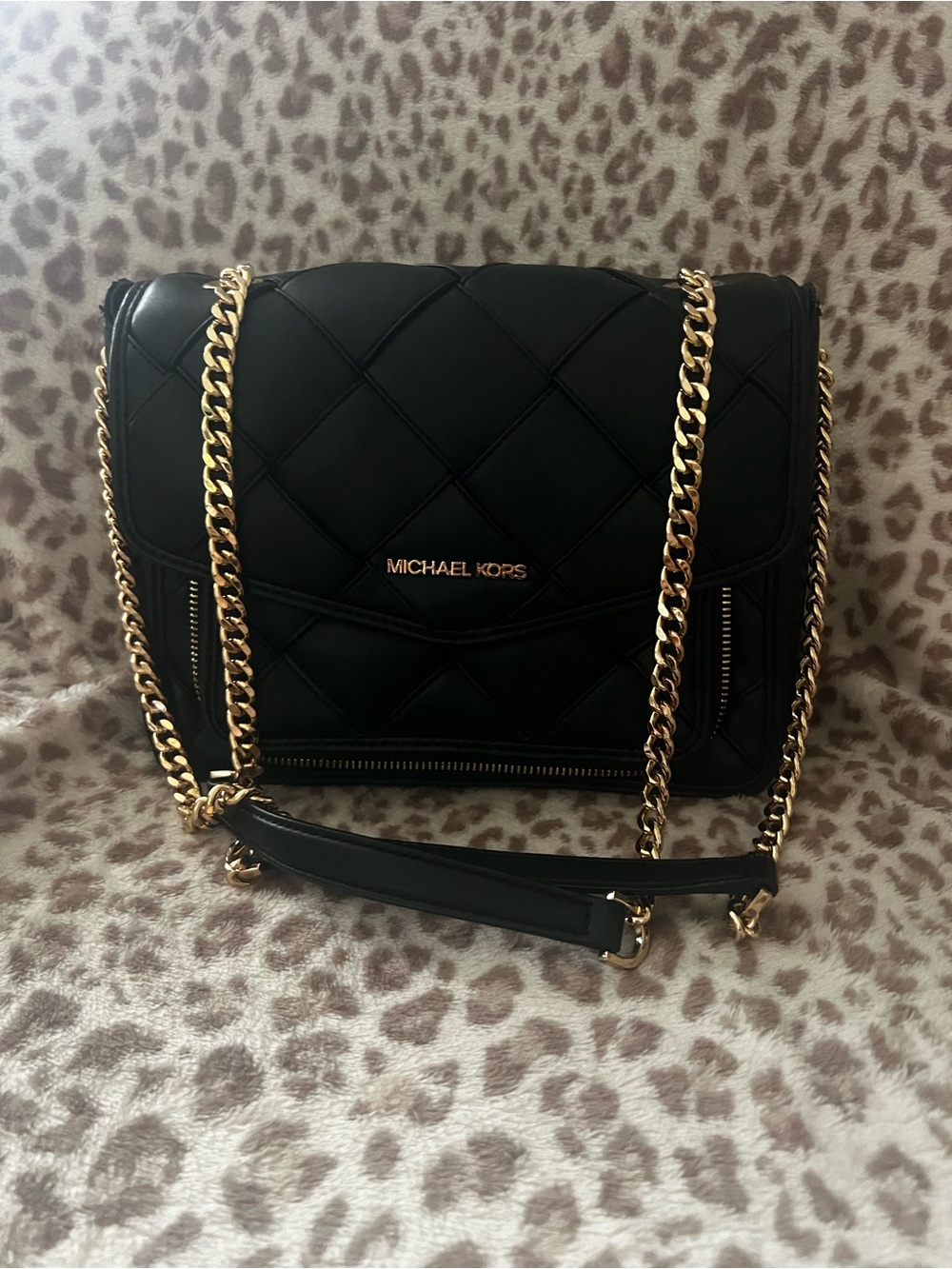 Michael Kors Black Quilted Leather Crossbody with Gold Chain